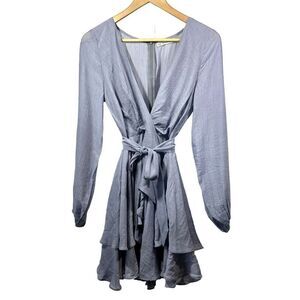 HERE COMES THE SUN Women's Plunge Neck Long Sleeve Ruffle Mini Dress Purple Sz S